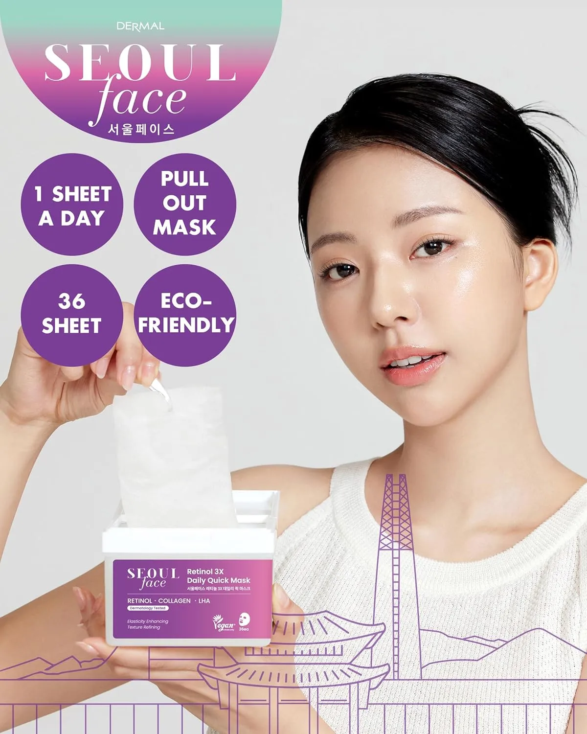 DERMAL Seoul Face Retinol 3X Daily Quick Mask 36 Sheet – Korean Skincare Vegan Tencel Facial Masks - Anti Aging, Wrinkle Improvement Mask Sheets with Collagen, LHA, Peptide