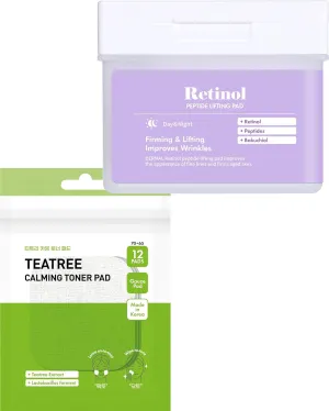 DERMAL Teatree Calming Toner Pad Travel Kit   Retinol Peptide Lifting Pad Bundle