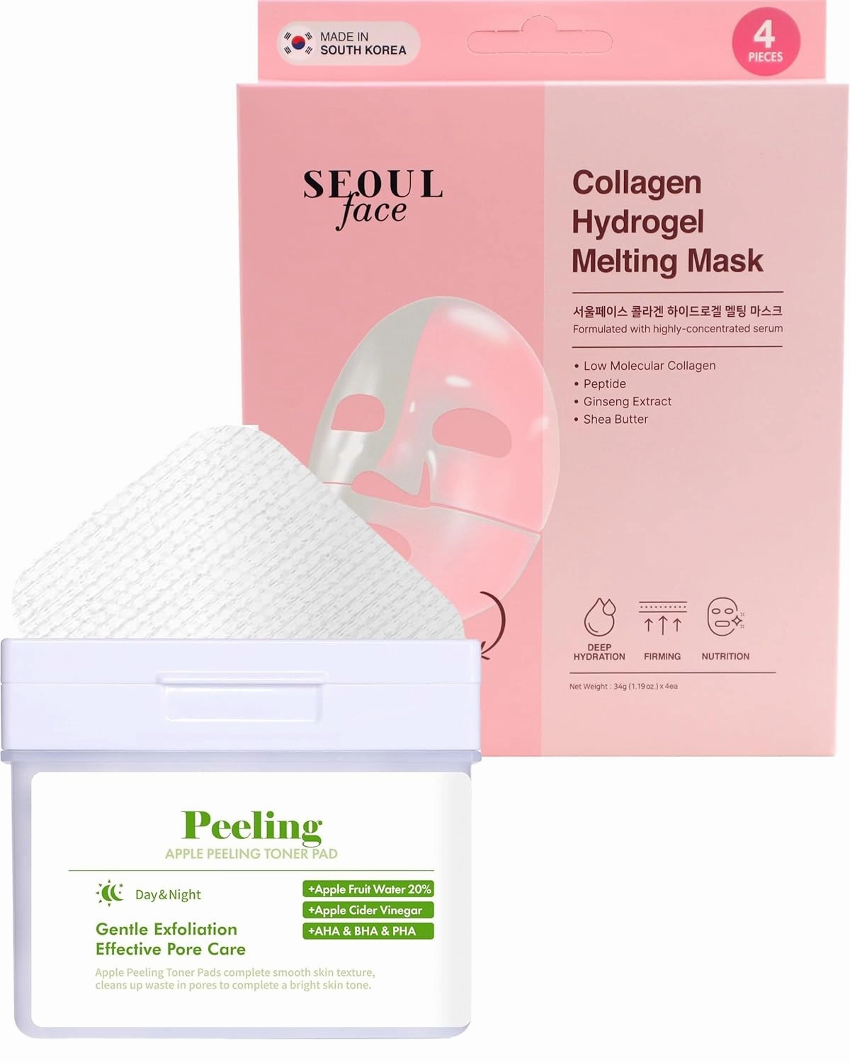 DERMAL Apple Peeling Toner Pad, 80 Pads   Collagen Hydrogel Melting Jelly Gel Mask 4 ea Bundle