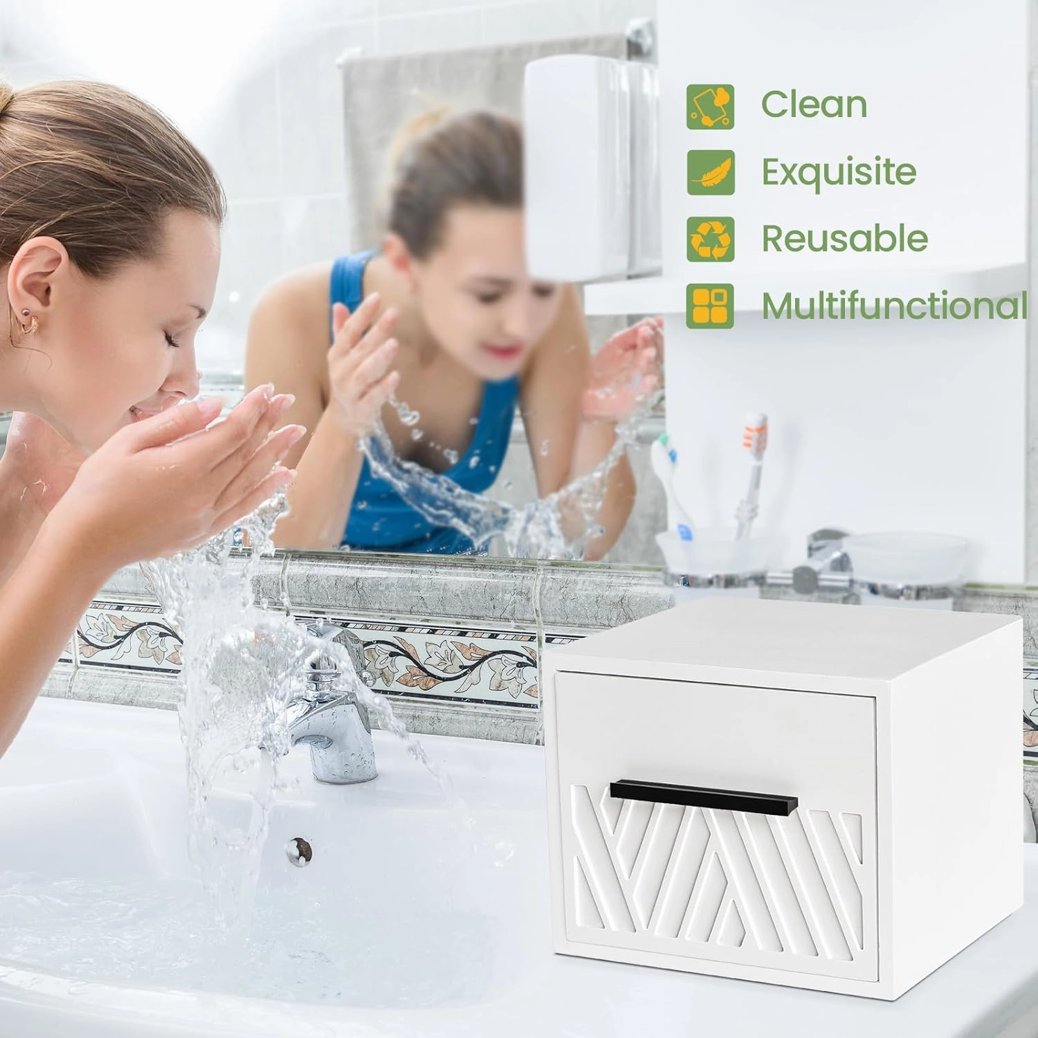 Disposable Face Towels XL with Luxe Wood Drawer Organizer, Face Towelettes Disposable 60 Count, 100% Cotton Facial Towel, Makeup Remover Cloth and Facial Wash Dry Wipes, Face Towel Holder Drawer