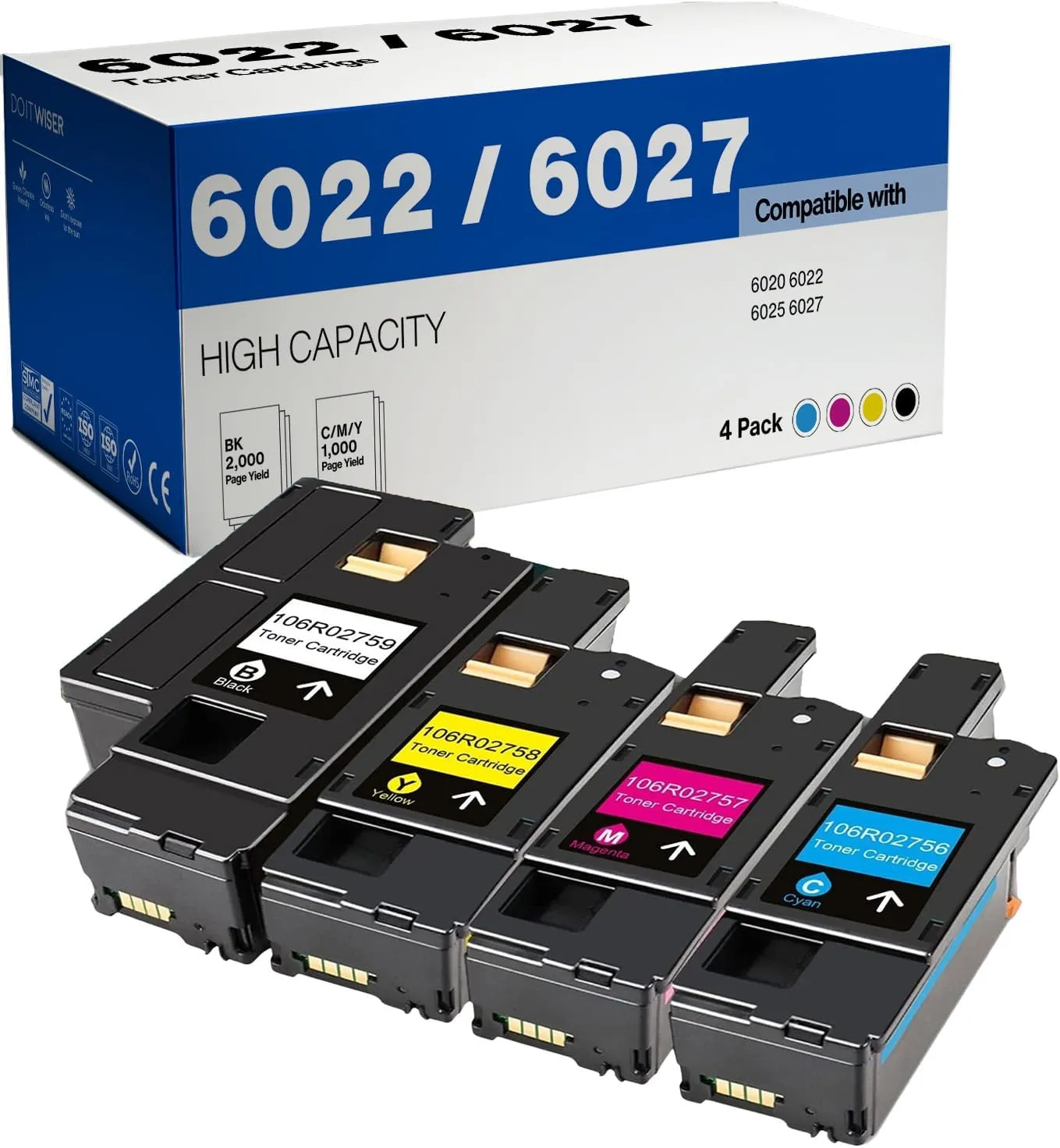 Do it Wiser Remanufactured Toner Cartridge Replacement for Xerox WorkCentre 6027 6025, Phaser 6022 6020 (1 Black 106R02759, 1 Cyan 106R02756, 1 Magenta 106R02757, 1 Yellow 106R02758, 4 Pack)