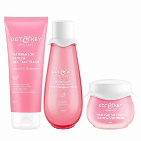 Dot&Key Watermelon CTM Kit | Cleanser 100ml, Toner 150ml, Moisturizer 60ml | For Normal, Combination & Oily Skin | For Oil Free Glowing Skin Care | For Women & Men | Total 310ml or 10.48 fl oz