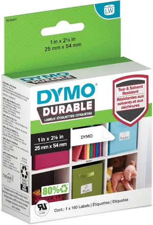 DYMO LW Durable Labels for LabelWriter Label Printers, White Poly, 1” x 2-1/8”, 1 Roll of 160