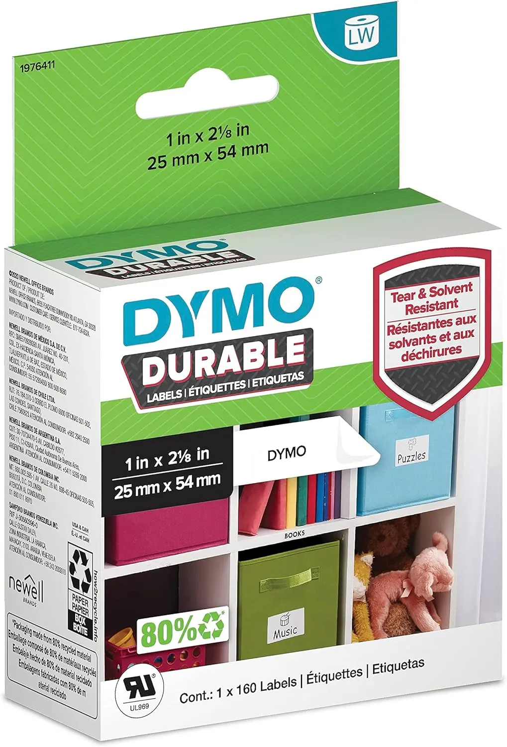 DYMO LW Durable Labels for LabelWriter Label Printers, White Poly, 1” x 2-1/8”, 1 Roll of 160