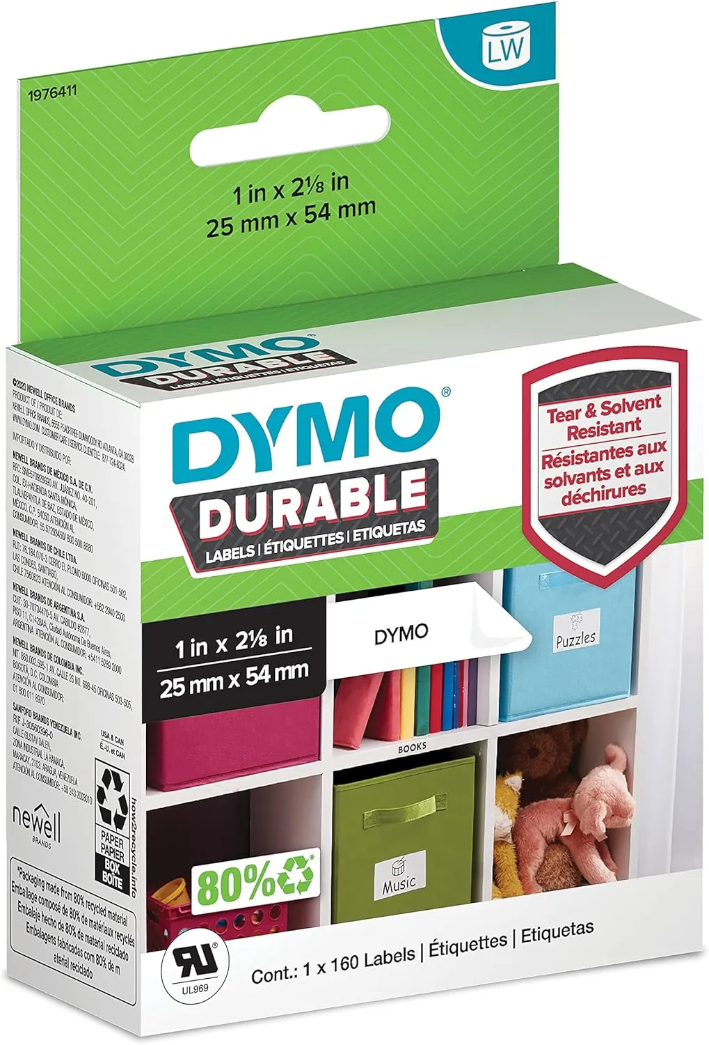 DYMO LW Durable Labels for LabelWriter Label Printers, White Poly, 1” x 2-1/8”, 1 Roll of 160