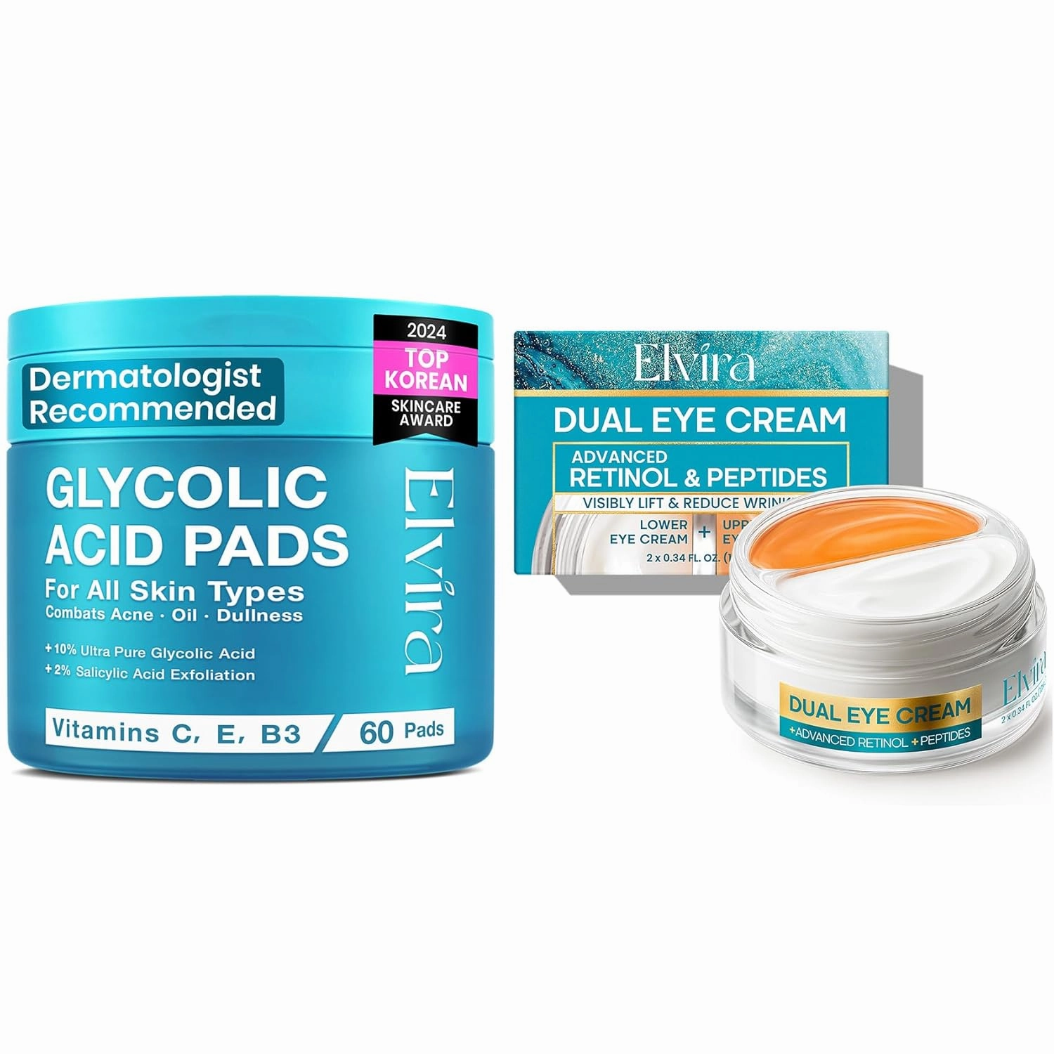 Elvira Dual Eye Cream & Exfoliating Facial Pads Set – Retinol, Peptides, Stem Cells   10% Glycolic, 2% Salicylic, Niacinamide – Anti-Aging, Brightening & Acne Care Duo