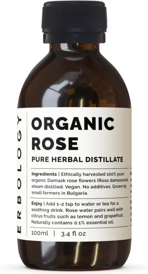 Erbology Organic Rose Water 3.4 fl oz - Distilled from Damask Rose - Premium Food Grade Hydrolate of Rose - Soothes, Hydrates and Calms - Non-GMO - Recyclable Glass Bottle