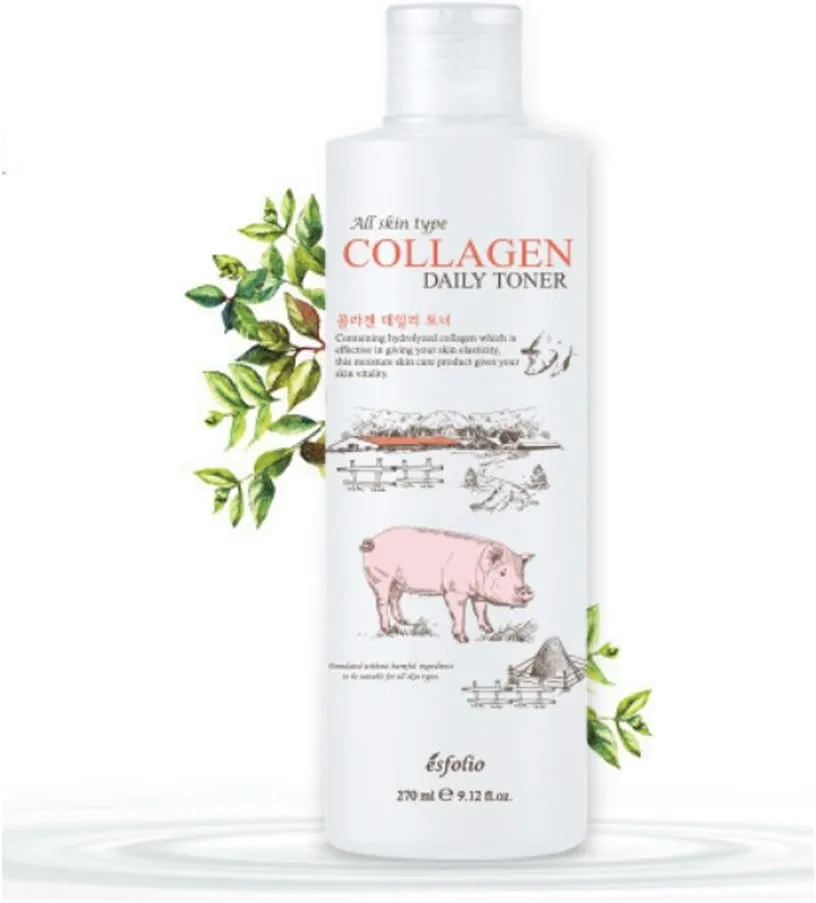 Esfolio Collagen Daily Toner – Hydrating & Firming Facial Toner with Hydrolyzed Collagen, Moisturizing & Soothing Skincare for All Skin Types, Anti-Aging & pH Balancing Korean Beauty (9.12OZ/270ML)