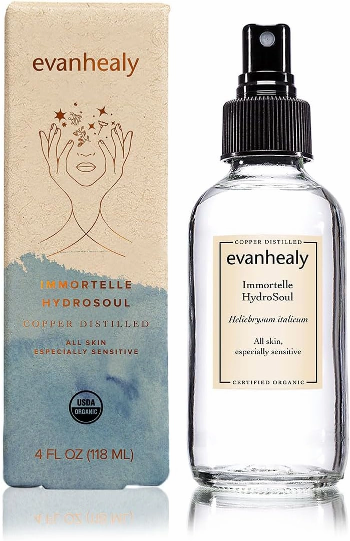 evanhealy Immortelle HydroSoul | Copper Distilled Hydrosol | Organic Facial Tonic | Face Toner for Dark Circles & Morning Eye Puffiness | Spicy Warmth, Smokey, Maple Sweet Fragrance