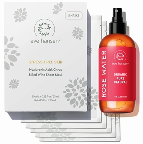 Eve Hansen Skincare Set: 5 Hyaluronic Face Mask Sheets & 8 oz Organic Rose Water Spray – Deep Hydration, Antioxidant Care & Refreshing Toner – Set of 2 Products for All Skin Types