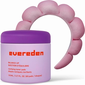 Evereden Balance Up Toner Pads for Face | Cute Terry Headband | Gentle and Vegan Pre-Teen Water-Based Face Toner Pads with Green Tea, Chamomile, and White Tea for Oily and Pimple-Prone Skin