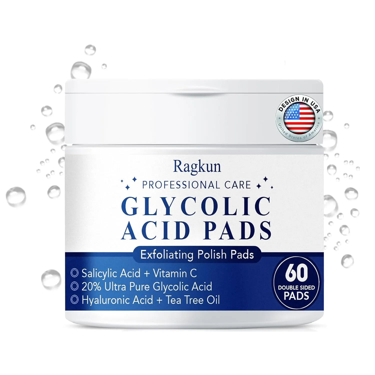 Exfoliating Pads - Glycolic Acid 20% Toner Pads for Facial Radiance with Salicylic Acid and Vitamins B5, C & E, Dual Action Gentle Face Pad with Deep Cleaning Effect 60 Count