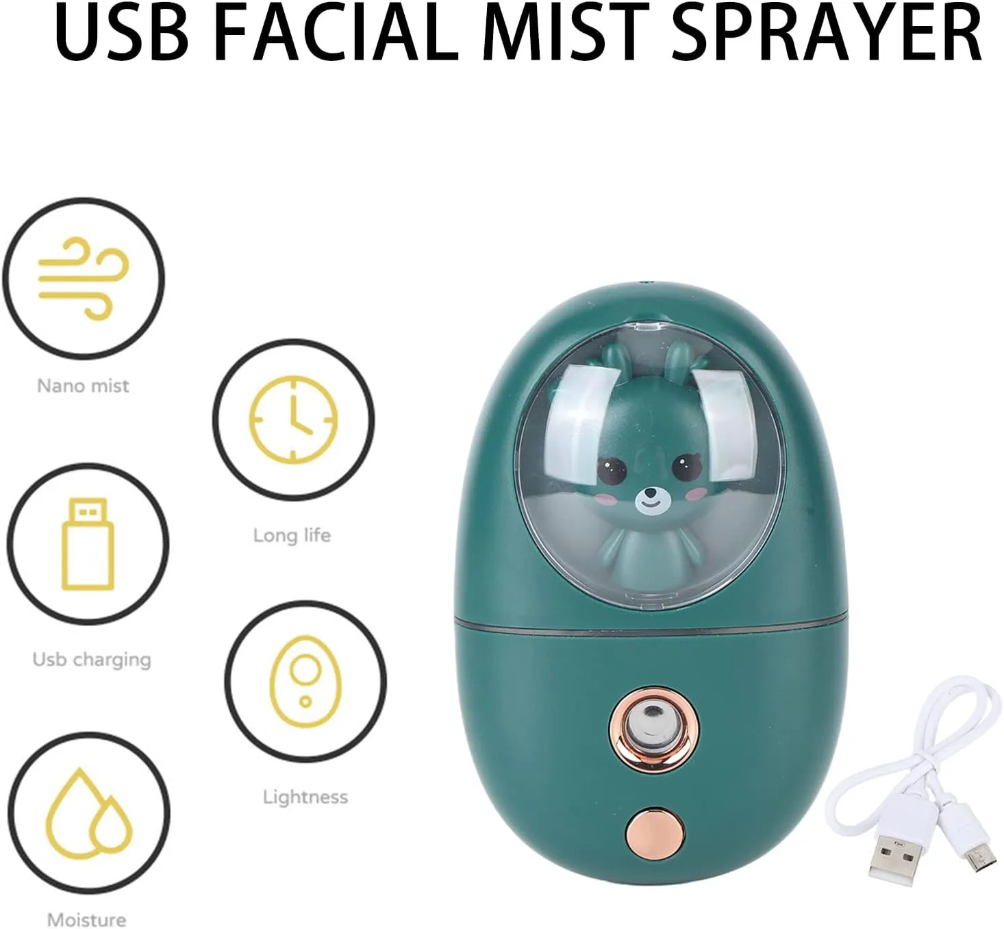Face Steamer, 35ml Facial Steamer Cute Animal Portable Face Steamer Face Humidifier USB Rechargeable Mist Sprayer for Skin Care (Green)