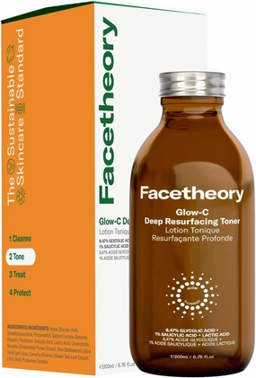 facetheory Glow-C Deep Resurfacing Toner - 8.47% Glycolic Acid, 1% Salicylic Acid & Lactic Acid - Brightening Toner for Clear, Radiant Skin (200 ml)