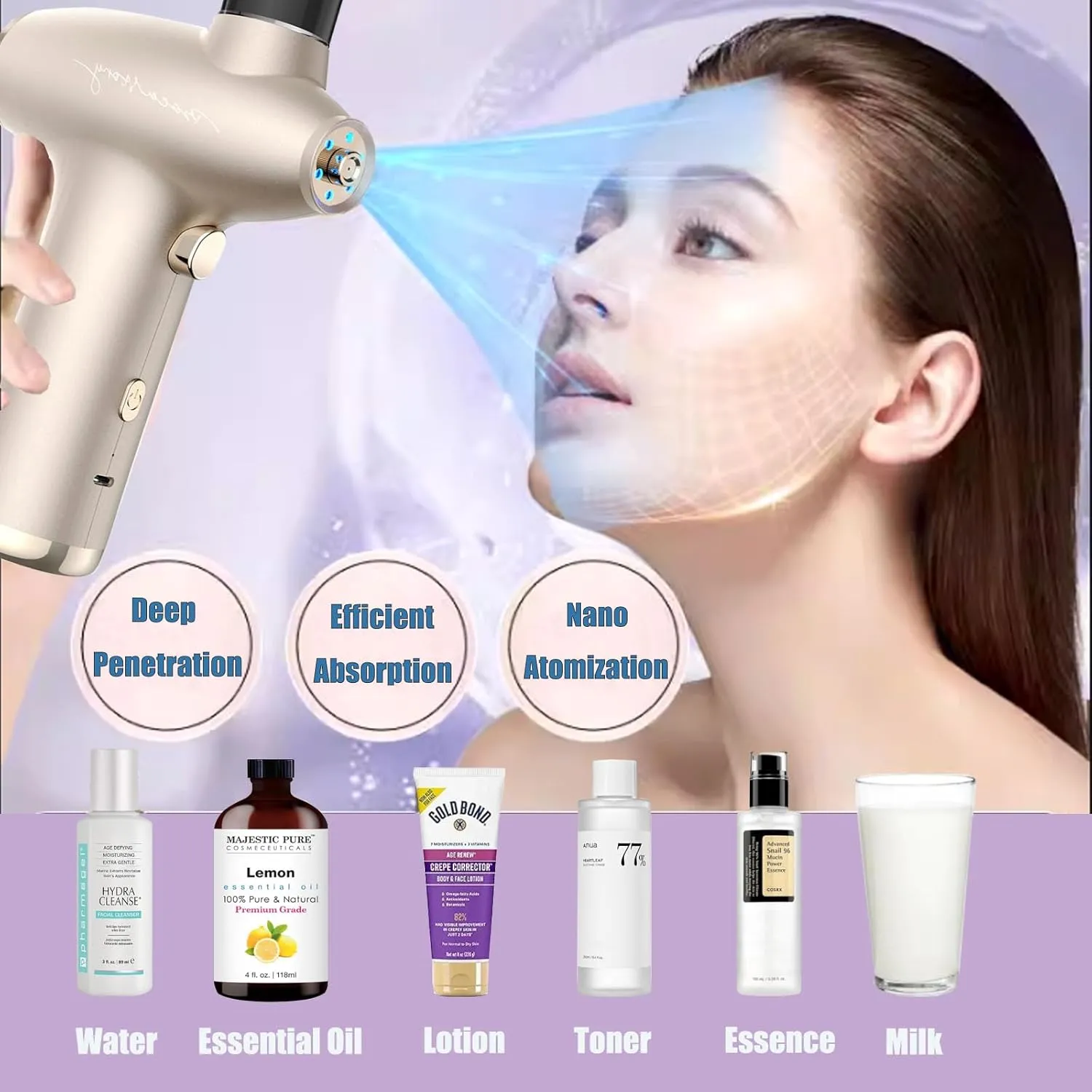 Facial Steamer-Face Mister Nano Hydration Oxygen Sprayer,Daily Hydration for Maximum Serum Absorption Deep Clean & Tighten Skin,Red and Blue Light Professional Home Facial SPA (Champagne Gold)