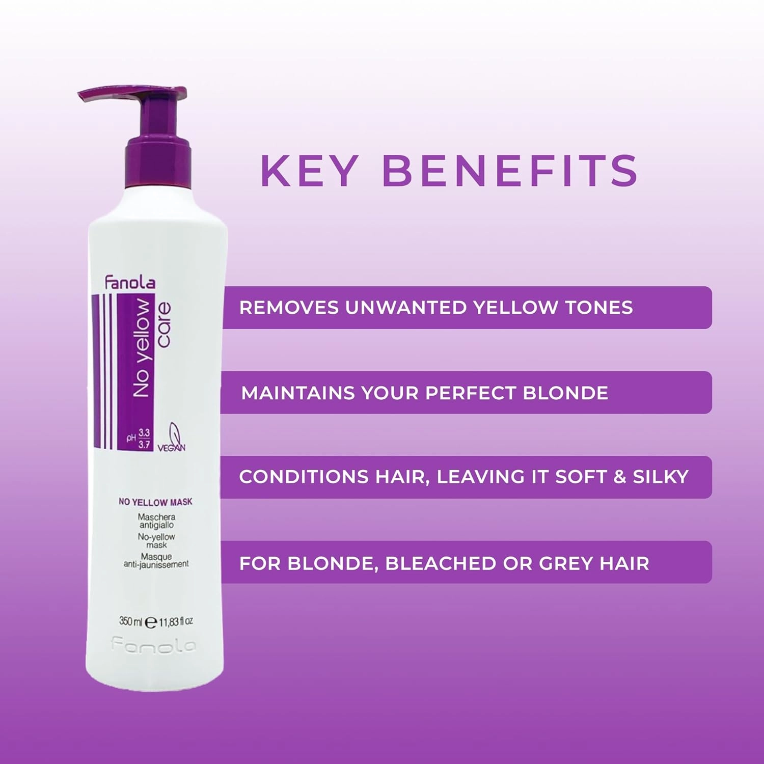 Fanola No Yellow Hair Mask With Purple Violet Pigments To Eliminate Unwanted Yellow Tones & Brassiness In Platinum, Light Blonde, Gray, Bleached, or Highlighted Hair - 11.83oz (Pack of 2)