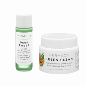 Farmacy Green Clean & Toner Duo - Green Clean Cleansing Balm (100ml), Deep Sweep 2% BHA Toner (50ml) for Makeup Removal, Pore Care & Oil Control