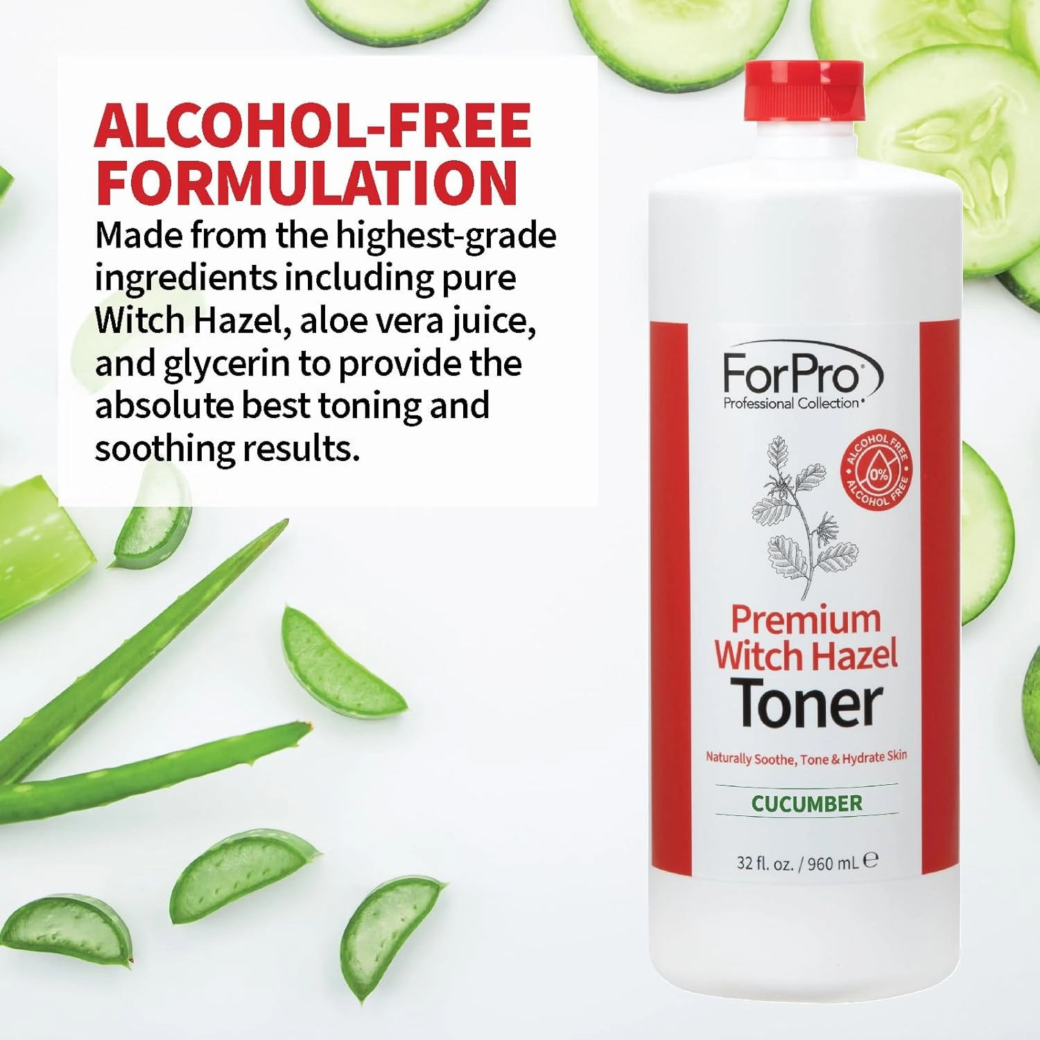 ForPro Premium Witch Hazel Toner, Alcohol-Free, Naturally Soothe, Tone & Hydrate Skin, Vegan, Cucumber Scent, 32 Fl Oz (Pack of 4)