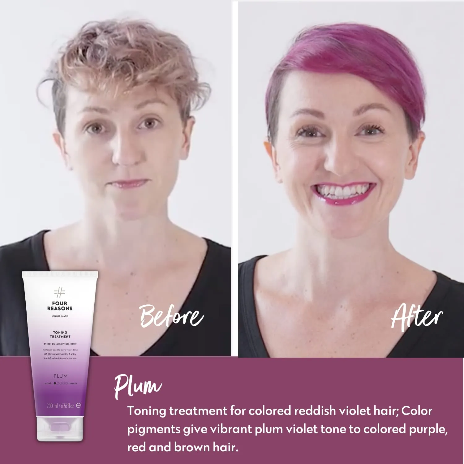 Four Reasons Color Mask - Plum - (27 Colors) Toning Treatment, Color Depositing Conditioner, Tone & Enhance Color-Treated Hair - Semi Permanent Hair Dye, Vegan and Cruelty-Free, 6.76 fl oz