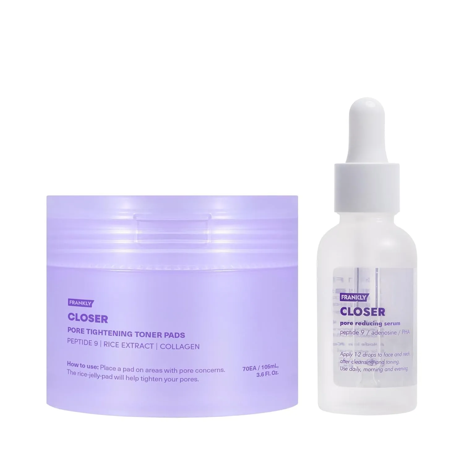 FRANKLY Pore Minimizer Duo | Closer Serum & Rice Jelly Toner Pads | Peptide-Infused Serum & Hydrating Toner for Firming, Anti-Aging, & Pore Care | Korean Skincare Set