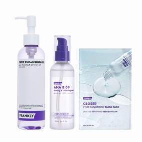 FRANKLY Pore Reset Trial Set – Cleansing Oil, AHA Toner & 1pc Pore Minimizing Sheet Mask for Smooth, Clear Skin