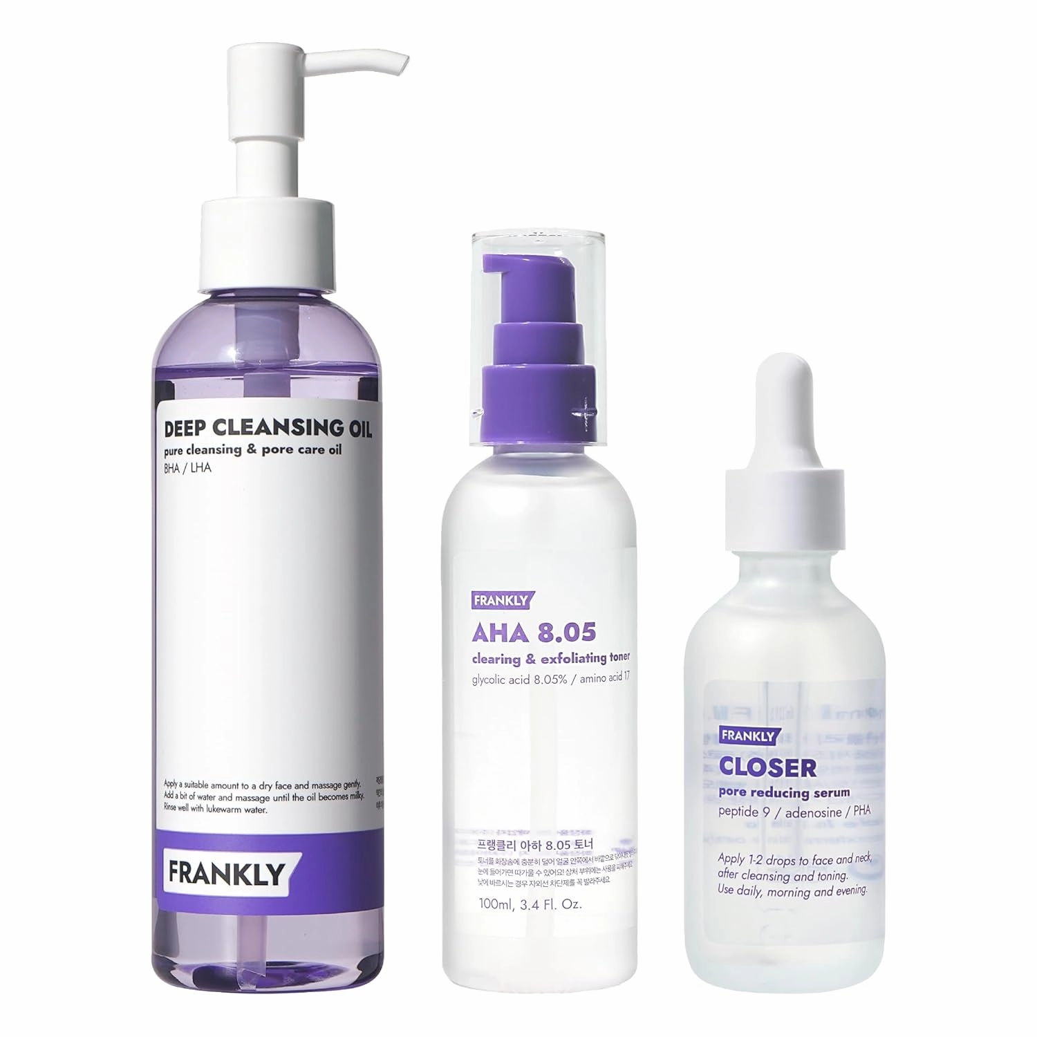 FRANKLY Ultimate Pore Care Set Jumbo : Pore Cleansing Oil, Closer Serum, AHA 8.05% Toner | BHA & LHA Pore Purifying Cleanser, Peptide Serum | Korean Skincare Set | Vegan, Cruelty-Free