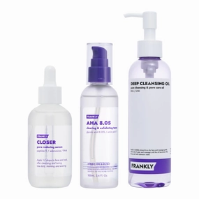 Frankly Ultimate Pore Care Set Mega Jumbo : Pore Cleansing Oil, Closer Serum, AHA 8.05% Toner | BHA & LHA Pore Purifying Cleanser, Peptide Serum | Vegan, Cruelty-Free