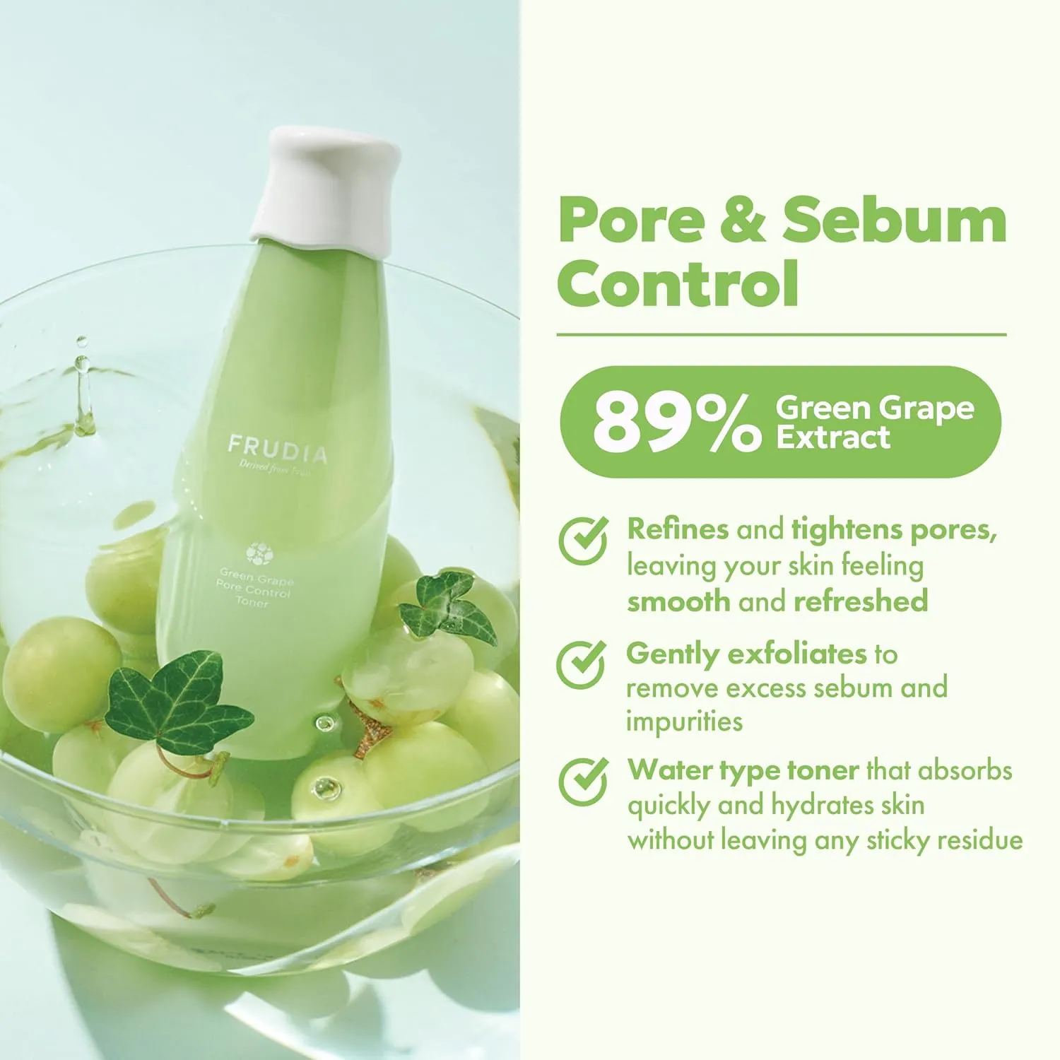 FRUDIA Green Grape Pore Control Face Toner (6.59 fl oz), Pore Minimizing Korean Toner with 89% Green Grape Extract, Tannin Pore Complex & Anti Sebum P for Sensitive Skin, Alcohol-Free