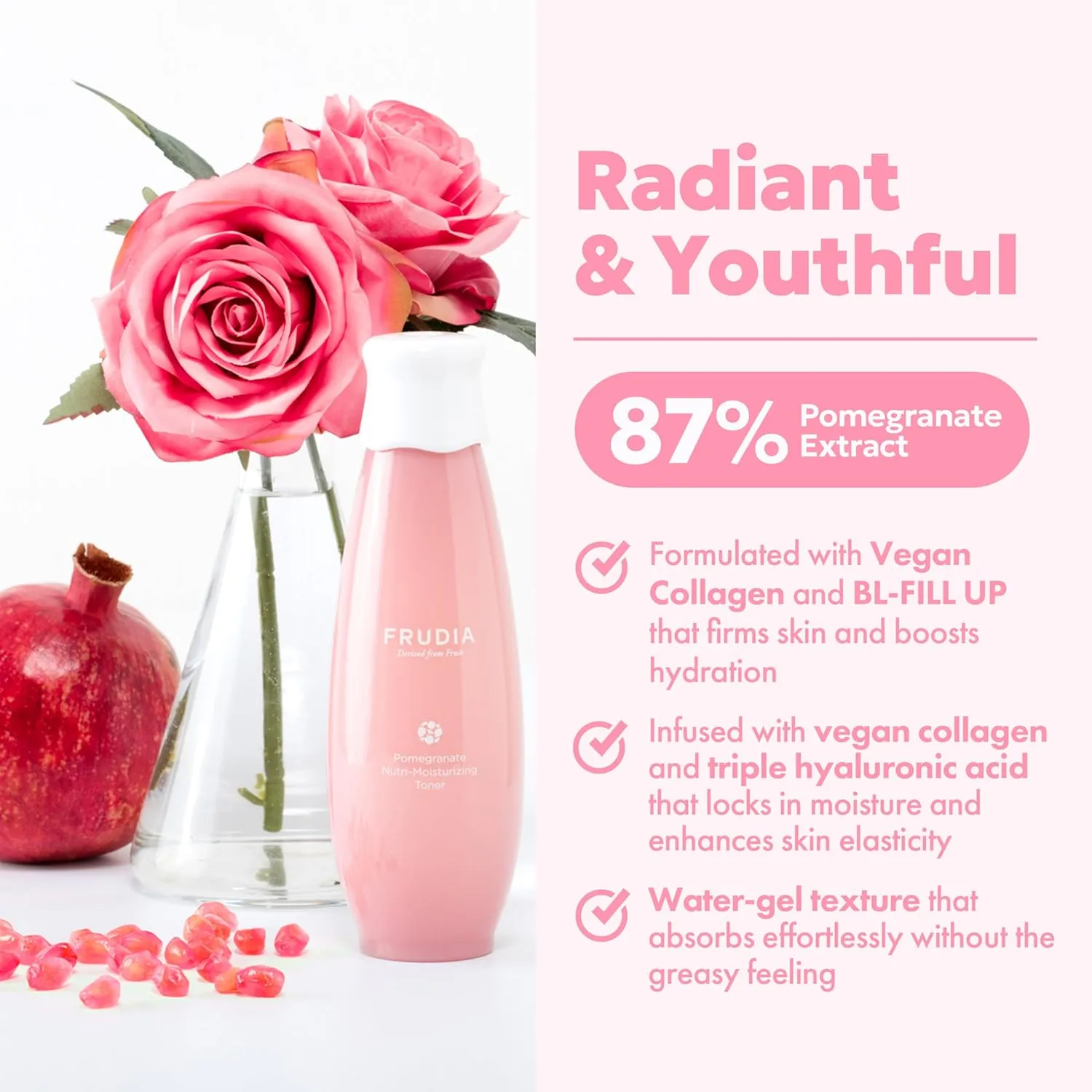 FRUDIA Pomegranate Nutri-Moisturizing Face Toner (6.59 fl oz), Skin Firming Korean Toner with Pomegranate Extract, BL-Fill UP, Collagen & Triple Hyaluronic Acid for Hydration, Firming & Anti-Aging