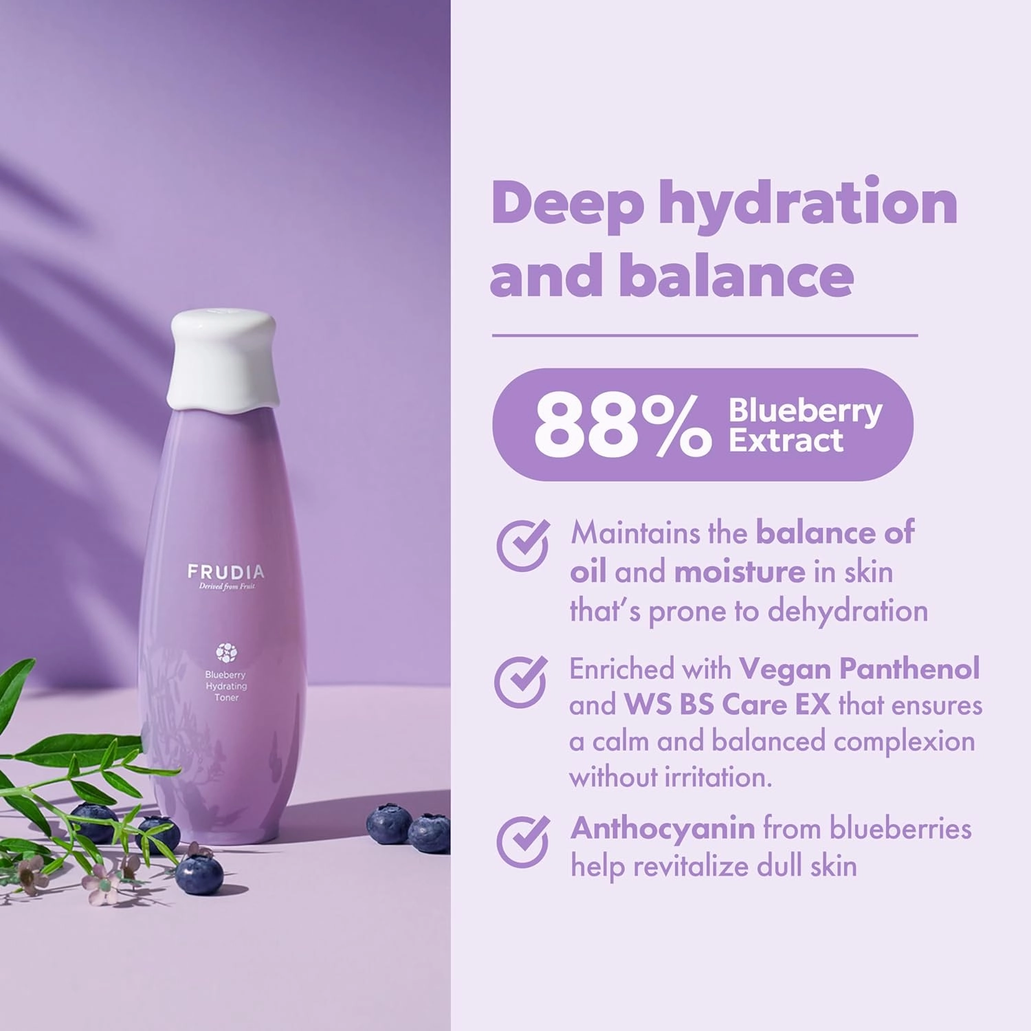 FRUDIA Blueberry Hydrating Face Toner (6.59 fl oz), Moisturizing Korean Toner with 88% Blueberry Extract, Vegan Panthenol & WS BS Care EX for Sensitive Skin, Hydrating & Revitalizing