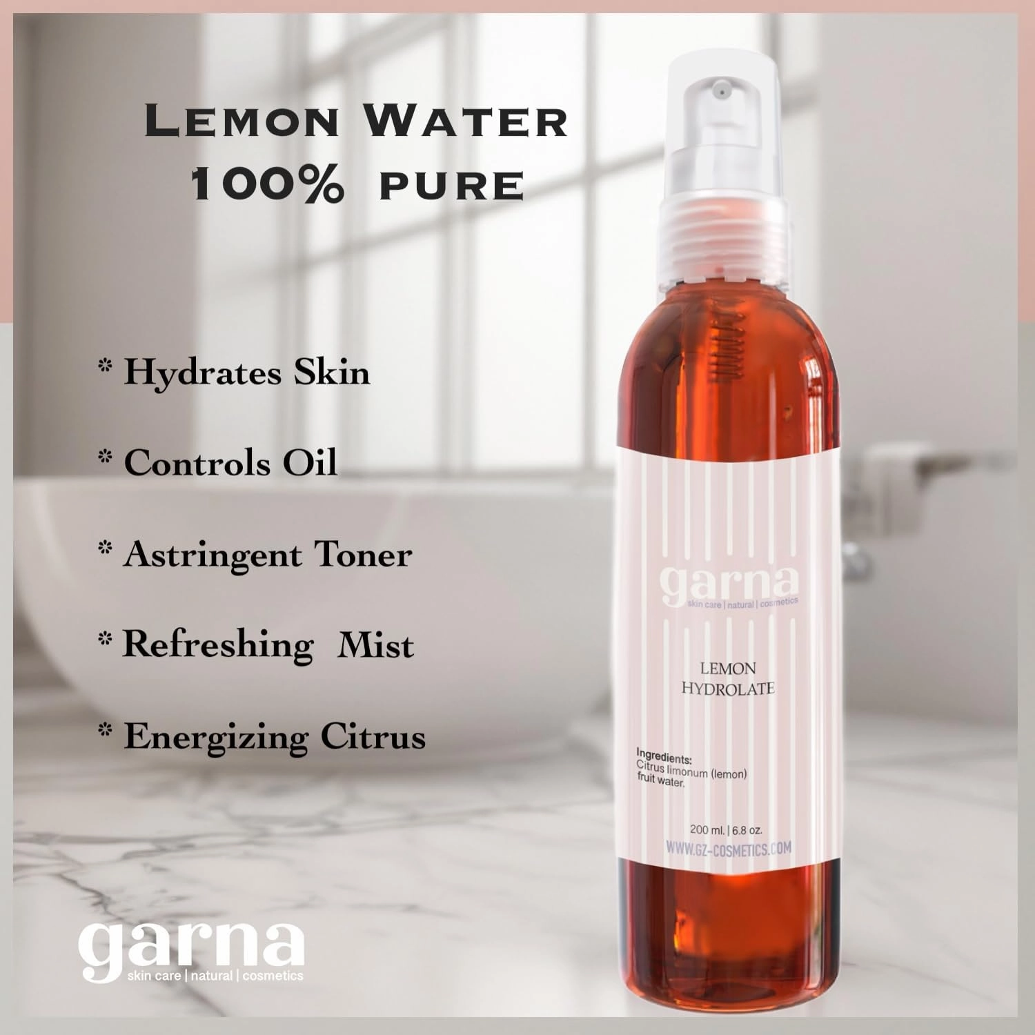 Garna Lemon Fruit Water Spray 6.8 fl oz (Pack of 2): Hydrosol Toner for All Skin Types, Hair & Skin Care - Citrus Refresh & Moisturizing Mist