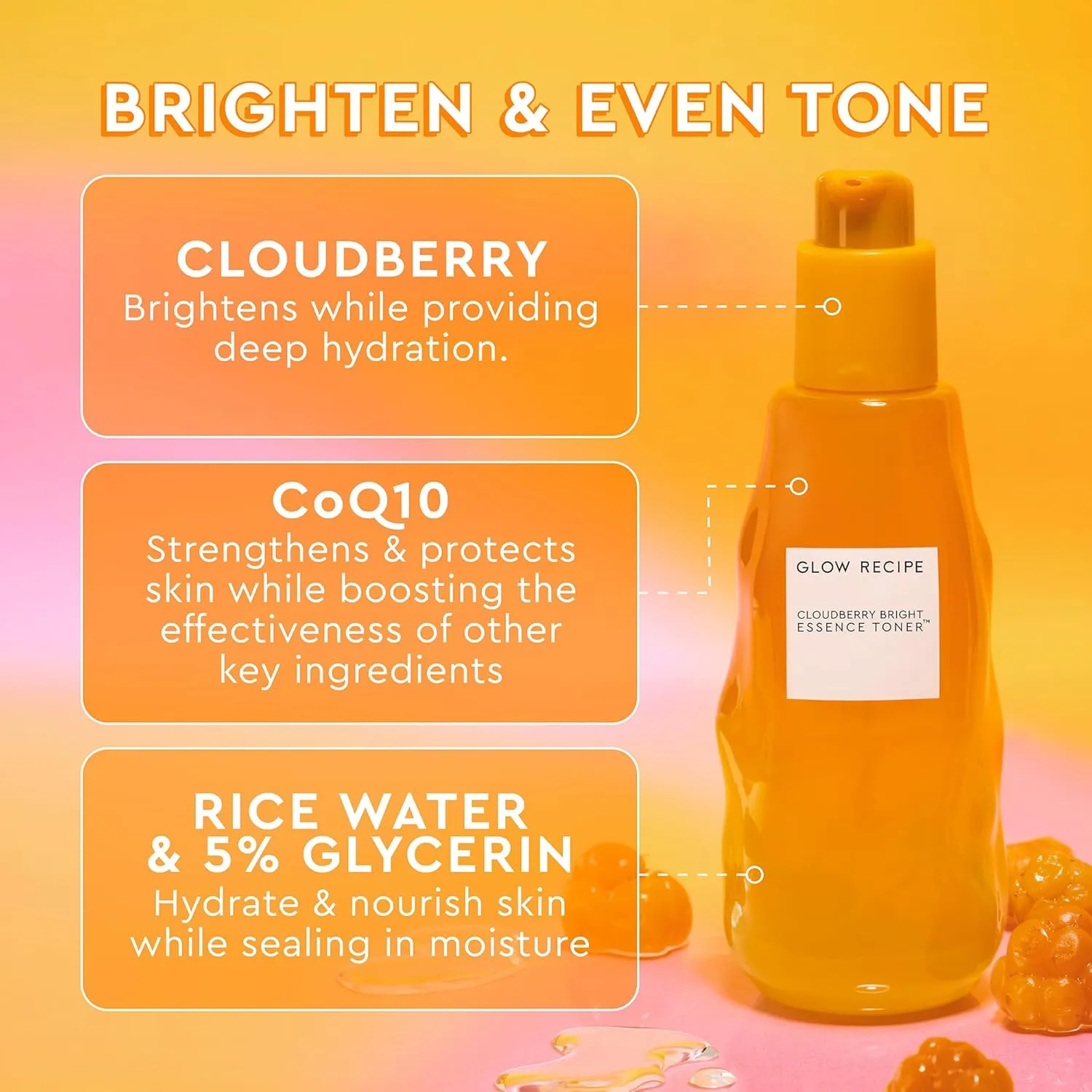 Glow Recipe Cloudberry Brightening Toner   Essence Skincare - CoQ10 Face Toner to Strengthen Skin Barrier   Hydrating Rice Water, Vitamin C, E & 5% Glycerin to Soften & Even Skin Tone - Travel (30 ml)