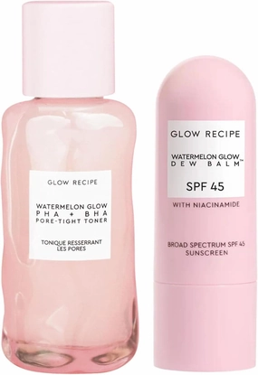 Glow Recipe Glow & Go Duo - Watermelon Glow PHA & BHA Pore Tight Facial Toner to Exfoliate & Soothe Skin (40 ml)   SPF Dew Balm Sunscreen Stick (0.58 oz) - Protect Skin from UVA Rays & Dark Spots