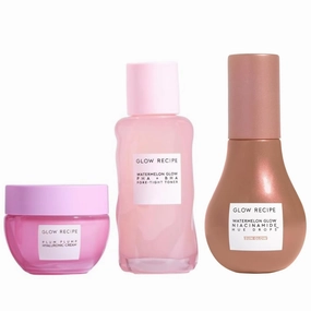 Glow Recipe Watermelon BHA   PHA Pore Tight Facial Toner (40 ml)   Plum Plump Hyaluronic Acid Cream (20 ml)   Niacinamide Bronzing Hue Drops (40 ml) - Skincare Travel Kit for Glowing Skin