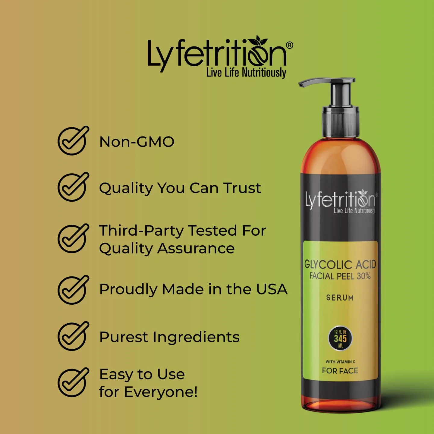 Glycolic Acid/AHA 30% Renewal Serum, infused with Vitamins C & E for Skin Brightening, Exfoliating Serum Works for Dark Spots, Acne, and Reduces Fine Lines & Wrinkles - (12 Fl Oz)