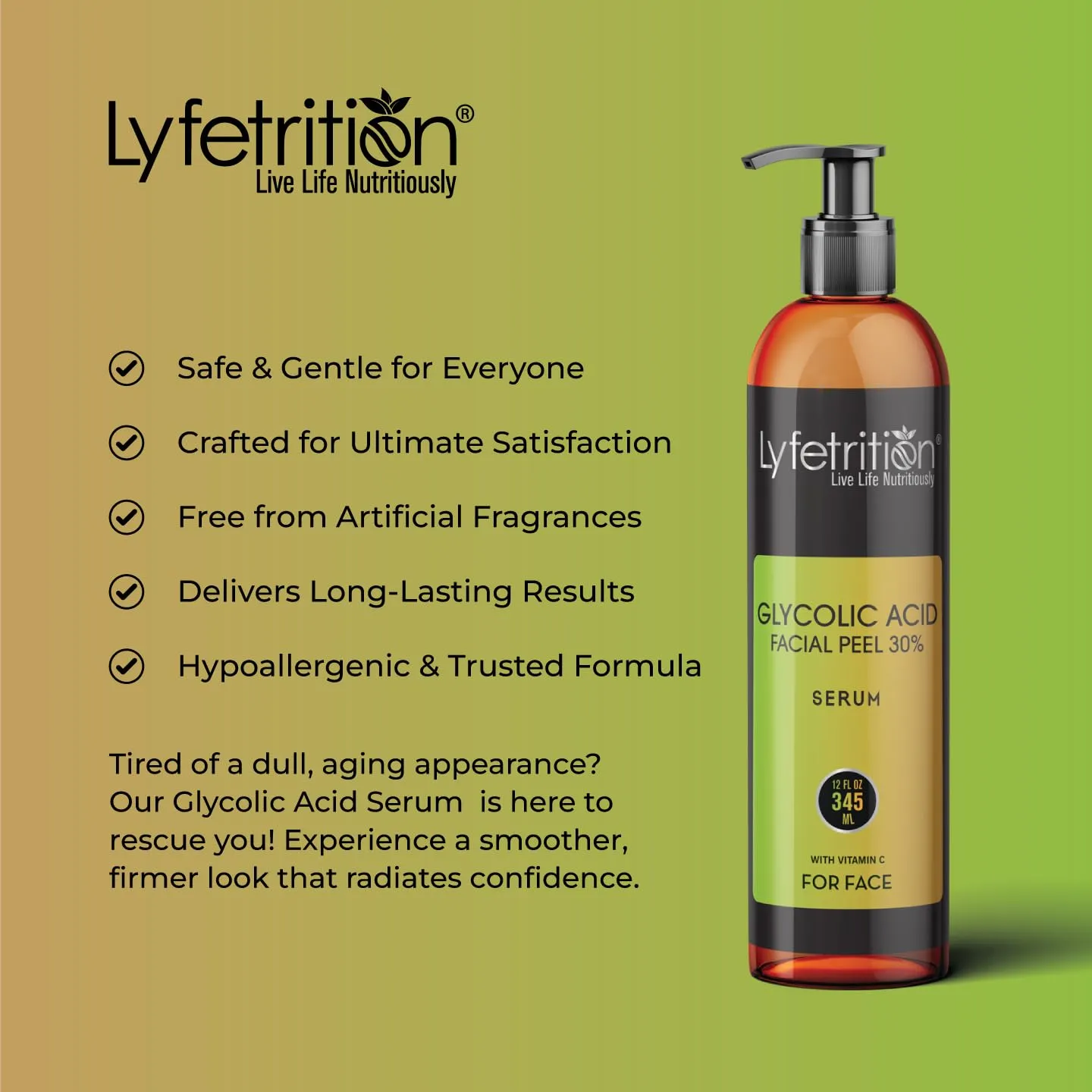 Glycolic Acid/AHA 30% Renewal Serum, infused with Vitamins C & E for Skin Brightening, Exfoliating Serum Works for Dark Spots, Acne, and Reduces Fine Lines & Wrinkles - (12 Fl Oz)