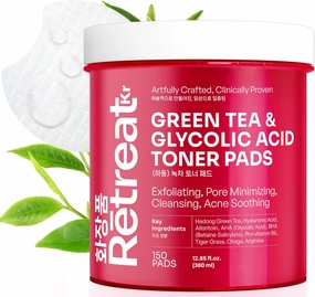 Glycolic Acid & Green Tea Toner Pads with Centella Asiatica, VIT B5, AHA BHA, 150 Exfoliating Pads, Dual Texture, Exfoliates Surface Skin and Reduces Fine Lines & Wrinkles, Brightens, Minimizes Pores