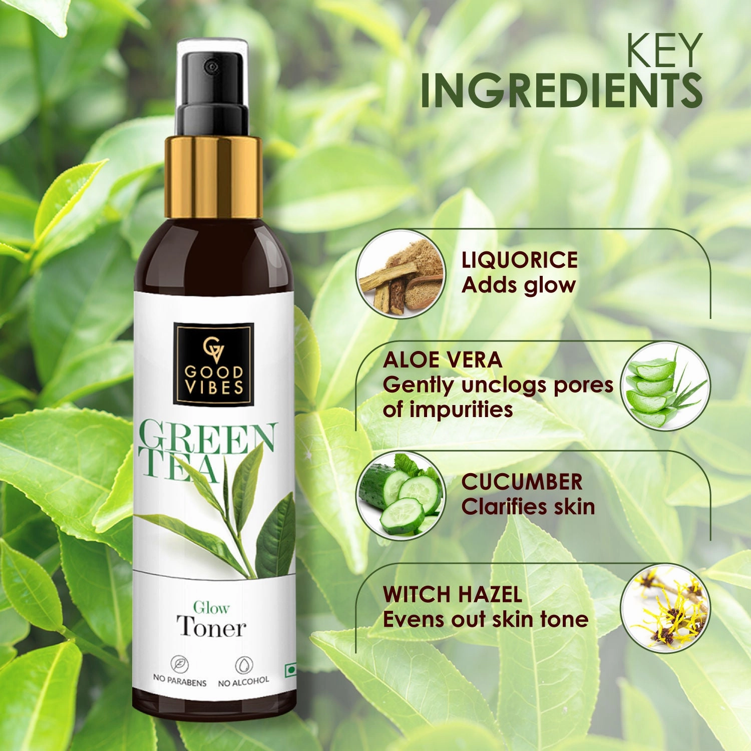 Good Vibes Green Tea Glow Toner | Hydrating, Soothing, Refreshing | With Apple | No Alcohol, No Sulphates, No Parabens, No Animal Testing (200 ml)