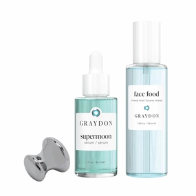 Graydon Skincare Sculpt & Tone Hydrating Trio: Supermoon Serum with Hyaluronic Acid & Vitamin C, Face Food Mineral Mist Toner, and Stainless Steel Gua Sha for Enhanced Definition & Smooth Texture