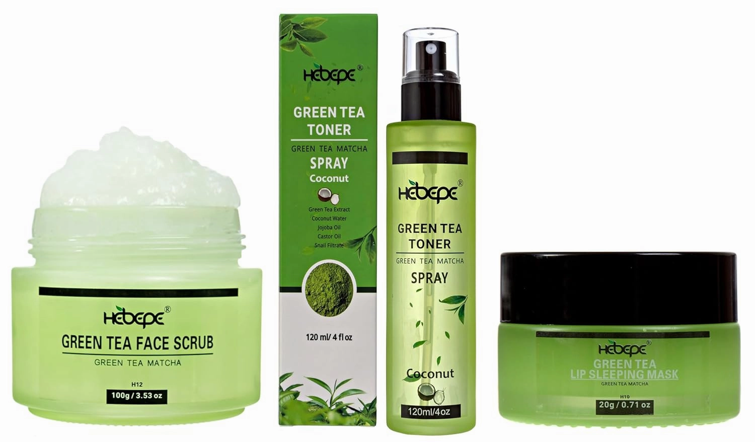 Green Tea Matcha Face Scrub, Facial Toner Mist with Coconut Water, and Lip Sleeping Mask Overnight