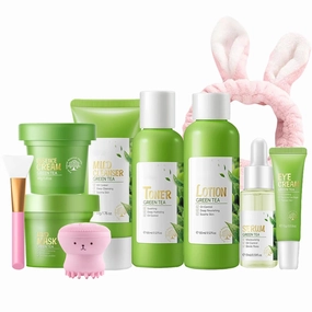 Green Tea Skincare Set, 10Pcs Anti Aging Face Routine Set, Reduce Fine Lines, Deep Pore Cleaning, Oil Control, Sooth Skin, Improve Dry Skin, Skin Care Routine Kit for Women Teenage Girls