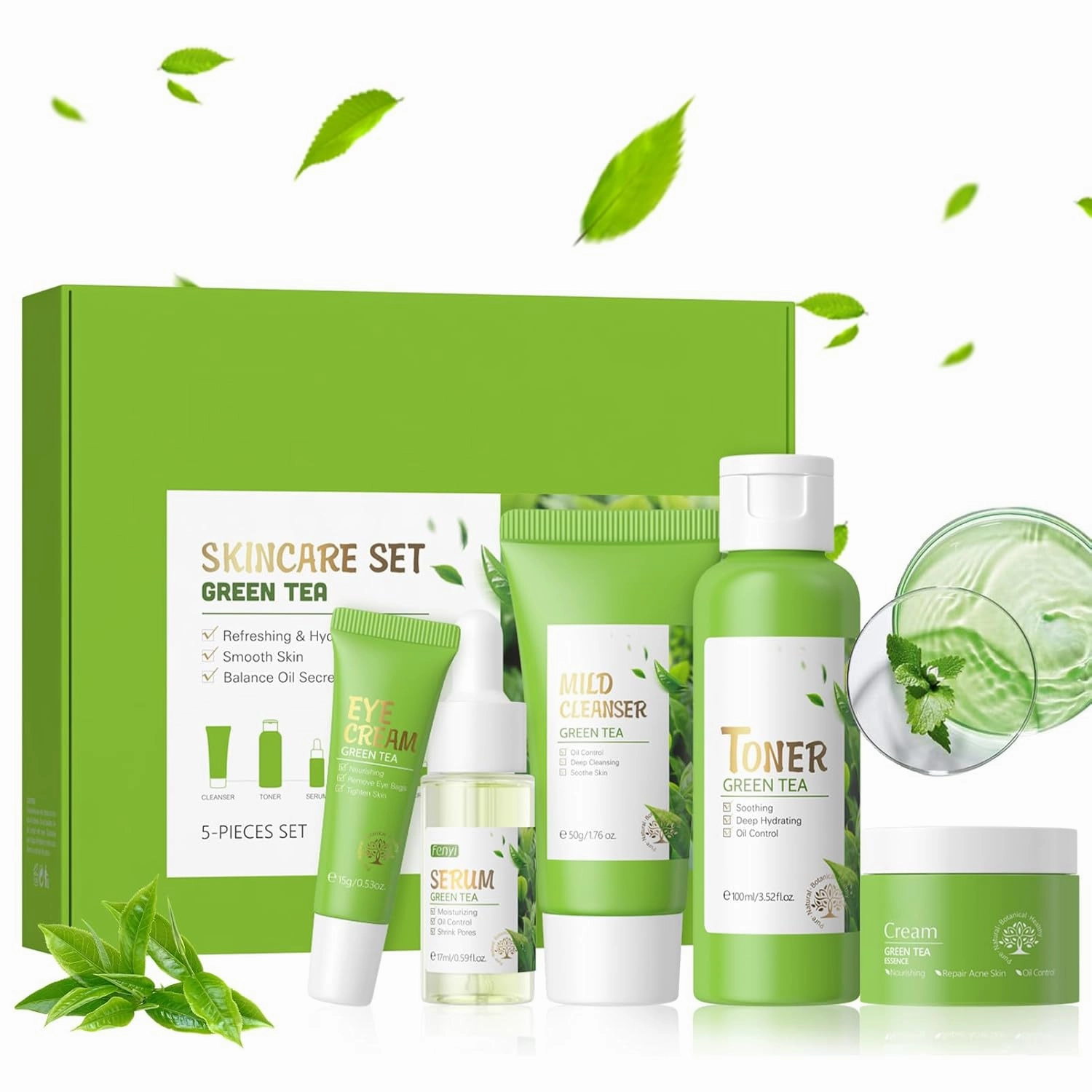Green Tea Skincare Set for Women, Facial Kit for Women/Teenage Girls, Facial Skin Care Sets & Kits with Cleanser, Toner, Serum, Eye Cream, Cream, Skincare Gift Set Glow Skin, Balance Oil, Shrink Pore