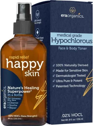 Happy Skin .02% Hypochlorous Acid Spray Toner– Extra Strength, Extra Gentle 100% Natural Toner & Skin Cleanser for Face & Body– Soothe, Hydrate & Repair Dry, Sensitive Skin– pH Balanced, Non-Toxic 8oz