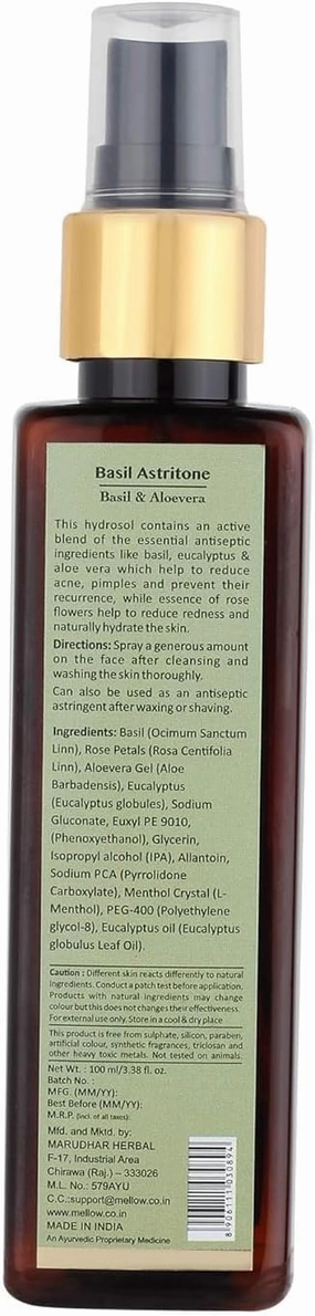 Herbals Ayurvedic Basil Astritone Face Toner for Oily & Acne Prone Skin | Tightens Skin | Eucalyptus, Basil, Aloe Vera & Rose Petals, GMO, Paraben and Silicone Free -100 ml