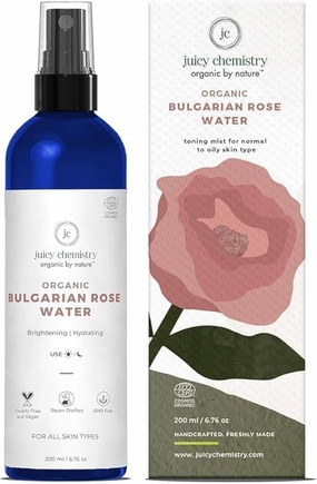 HN Juicy Chemistry. Organic Rose Water [Hydrosol], 200 ml - Face Toner for Glowing, Brighter and Hydrated Skin | Made with Bulgarian Damask Roses - Clinically Tested ||