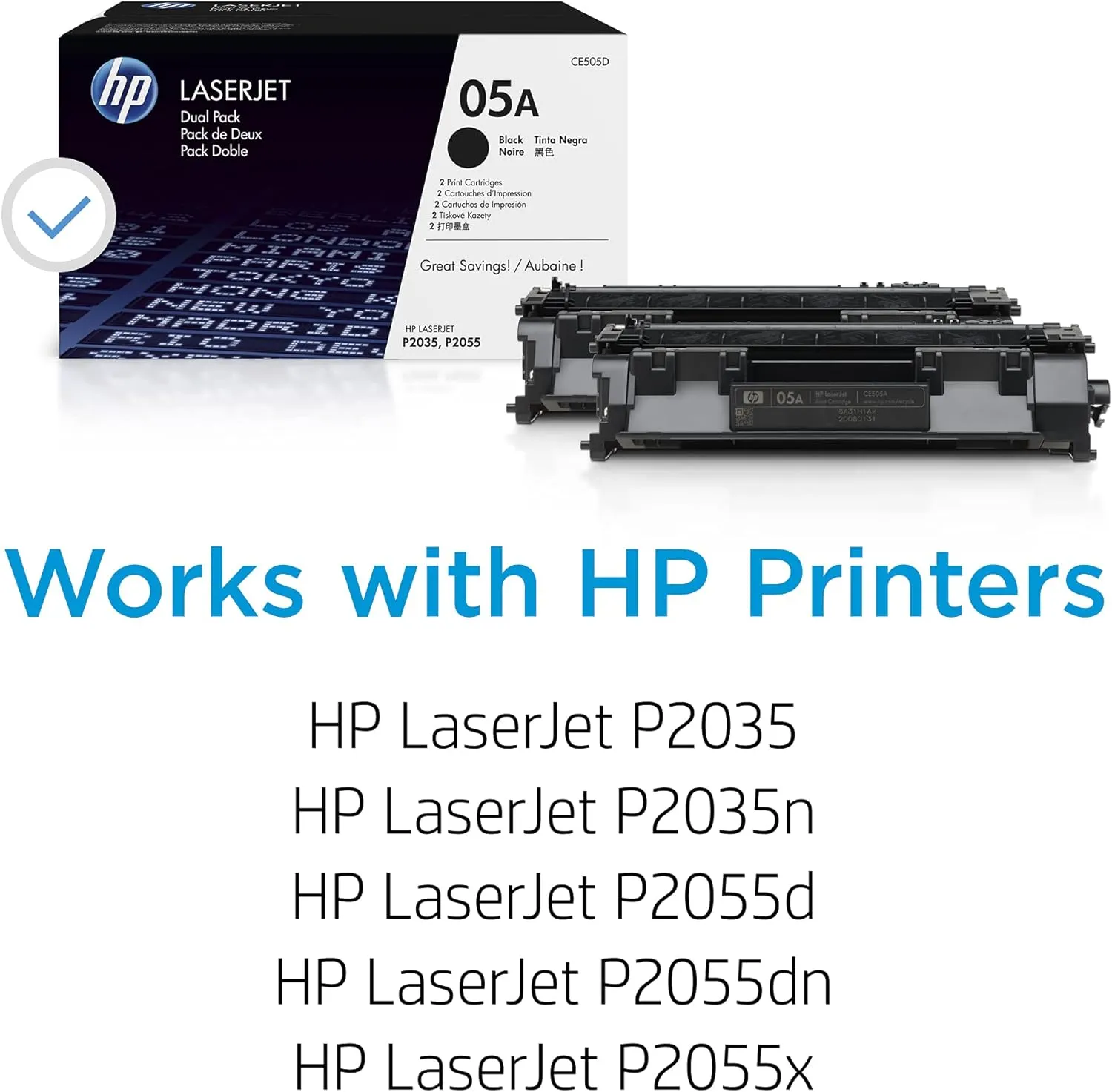 HP 05A Black Toner Cartridges (2-pack) | Works with HP LaserJet P2035, P2055 Series | CE505D