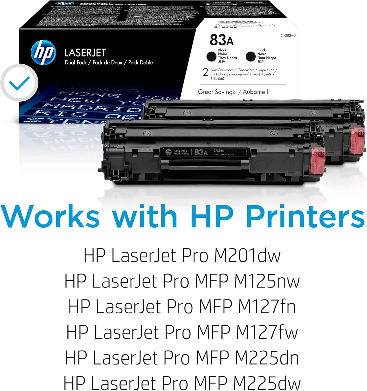 HP 83A Black Toner Cartridges (2-pack) | Works with HP LaserJet Pro M201, HP LaserJet Pro MFP M125, M127, M225 Series | CF283AD