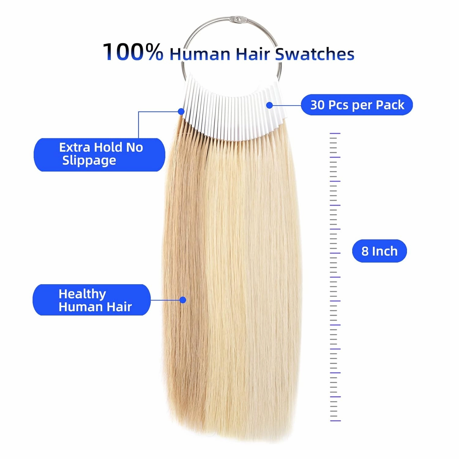 Human Hair Swatches 3 Natural Levels for Salon Testing Color Sample 30 Piece 8 Inch, Lightest Blonde/Light Blonde/Light Brown, 1 Free Black Swatches