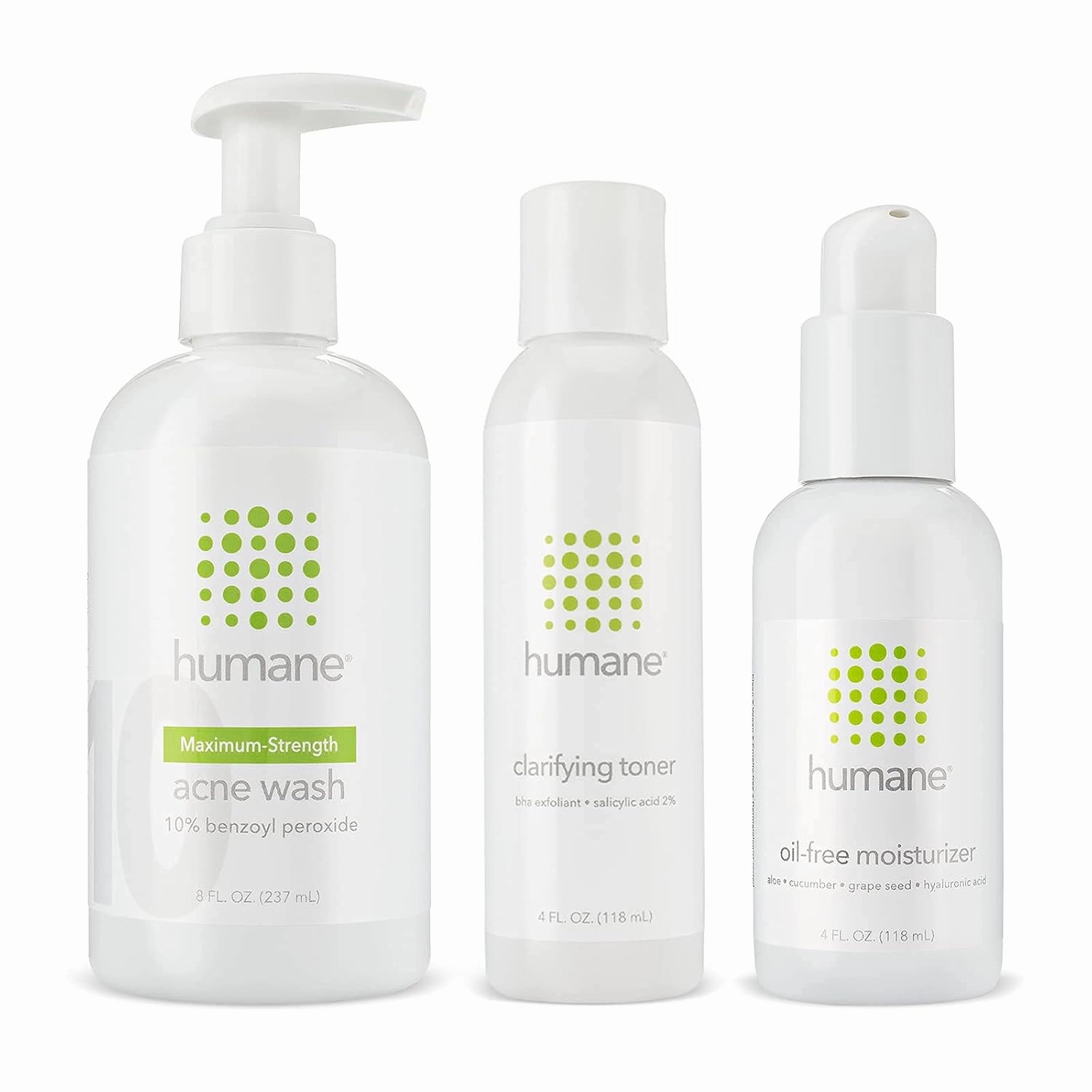 humane Maximum-Strength Acne Wash, Clarifying Toner, and Oil-Free Moisturizer Bundle - 10% Benzoyl Peroxide Acne Treatment