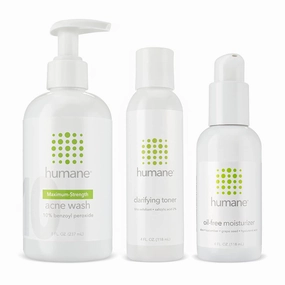 humane Maximum-Strength Acne Wash, Clarifying Toner, and Oil-Free Moisturizer Bundle - 10% Benzoyl Peroxide Acne Treatment